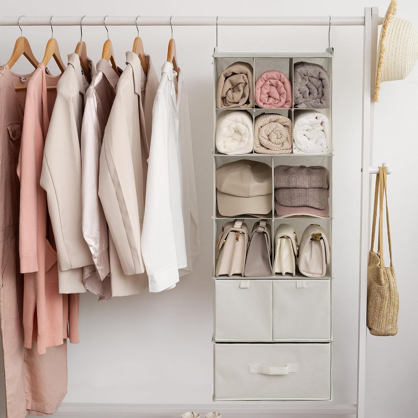 GRANNY SAYS Hanging Closet Organizer 6 Shelves, Closet Organizers and Storage with 5 Drawers, 6 Side Pockets Closet Hanging Organizer, Hanging Storage Organizer for Closet, Baby Clothes, Gray