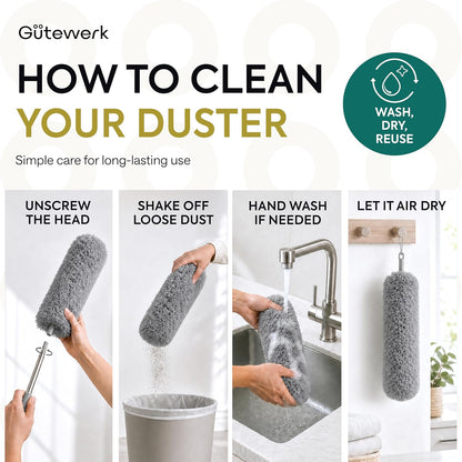 Gütewerk Extendable Microfiber Duster, 55 Inch - Feather Dusters for Cleaning Ceiling Fans, Blinds, Baseboards & High Ceilings - Washable, Electrostatic, 360° Bendable Head, Stainless Steel Pole