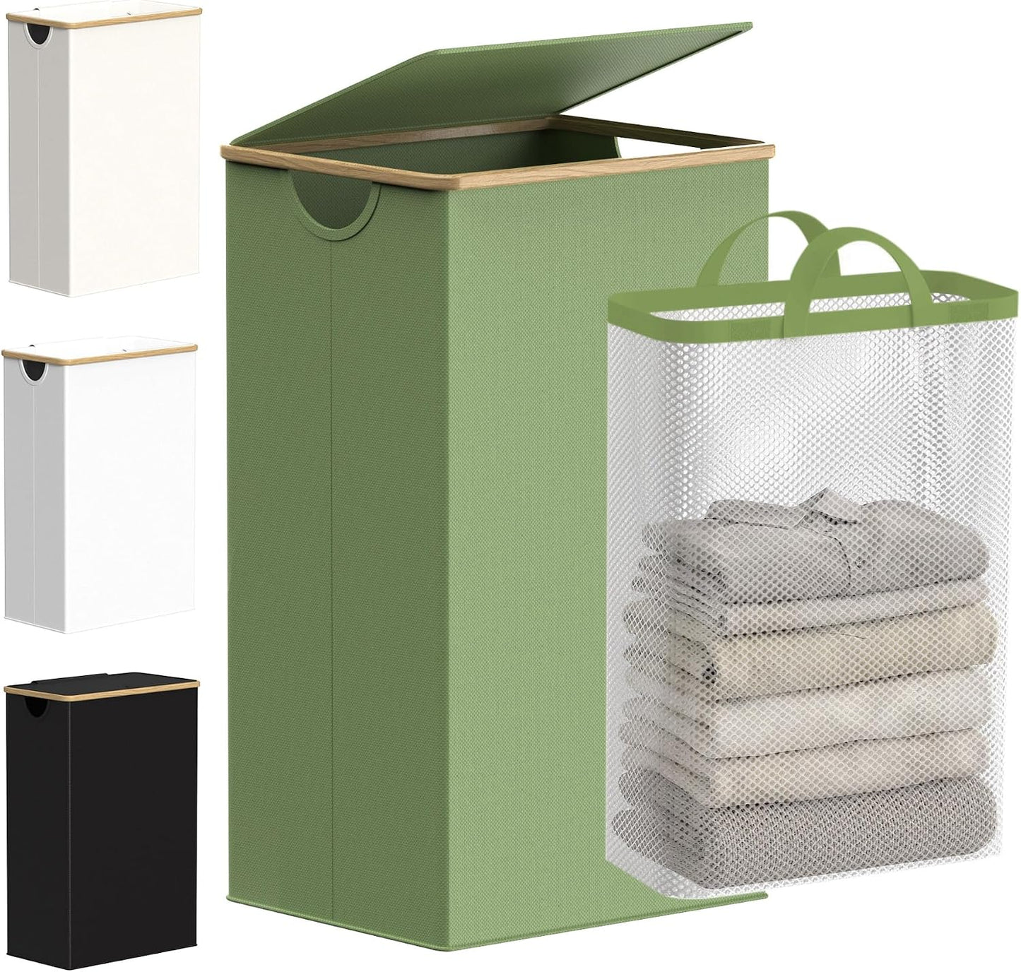 efluky Slim Laundry Basket with Lid, Narrow Laundry Hamper with Removable Bag, Skinny Dirty Clothes Basket with Bamboo Handles for Bathroom, Bedroom & Laundry Room, 75L Beige