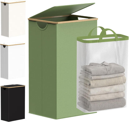 efluky Slim Laundry Basket with Lid, Narrow Laundry Hamper with Removable Bag, Skinny Dirty Clothes Basket with Bamboo Handles for Bathroom, Bedroom & Laundry Room, 75L Beige