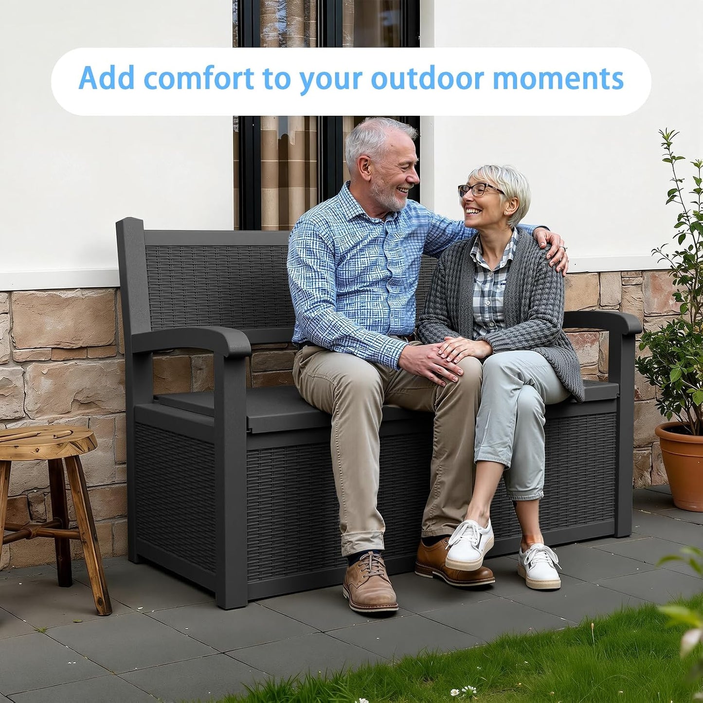 80 Gallon Outdoor Storage Bench, Heavy Duty Deck Box with Stripe Texture, Waterproof Resin Patio Seating for Cushions & Garden Tools, Lockable, 2-Person Capacity, 51"x 24"x 35", Black