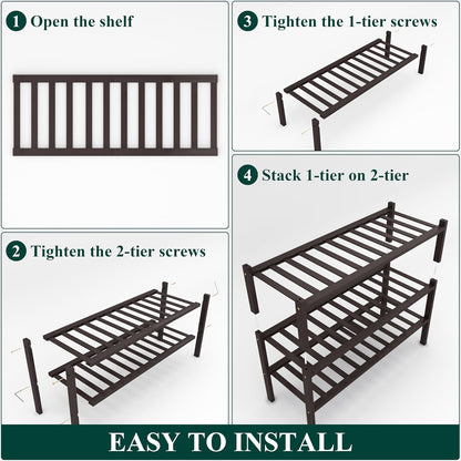 Smiry Bamboo Shoe Rack, 3 Tier Free Standing Wooden Shoe Organizer, Stackable Wood Shoe Storage Shelf for Closet, Entryway, 12 Vertical Slats, 2+1 Stack Standard Legs, 26.8"x11"x19.5", Natural