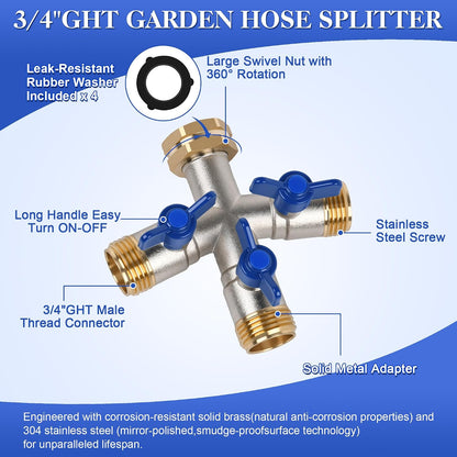 EJW Hose Splitter, 2 Way Hose Splitter, Garden Hose Splitters,Faucet Splitters, Outdoor Faucet Splitter, 2 Way Hose Connector,Brass Splitter, 3/4” GHT Threads.