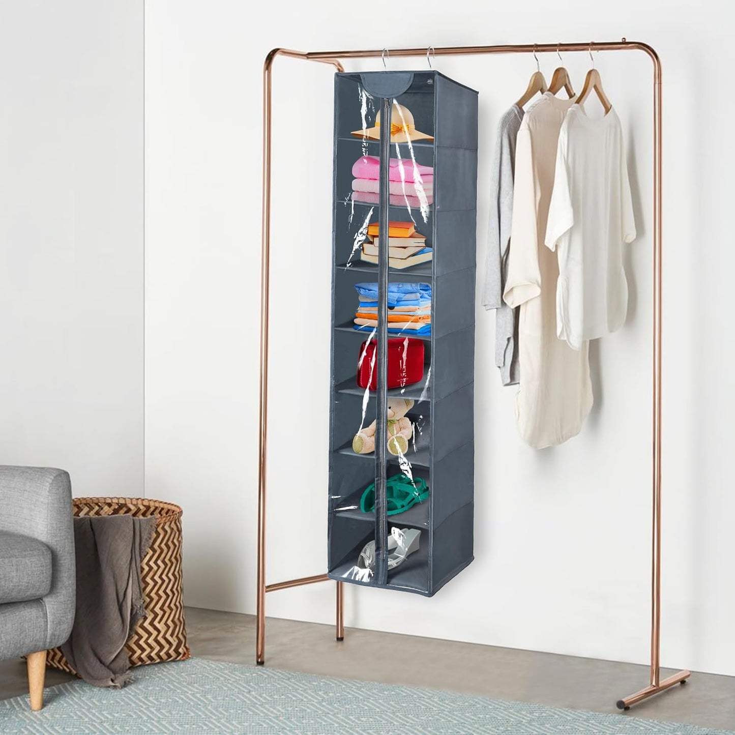 Libeder Hanging Closet Organizer, 8-Shelf Wardrobe Clothes Storage Organizer with Zipper,Hanging Shelves for Sweater,Shoes,Purse,Hats,White