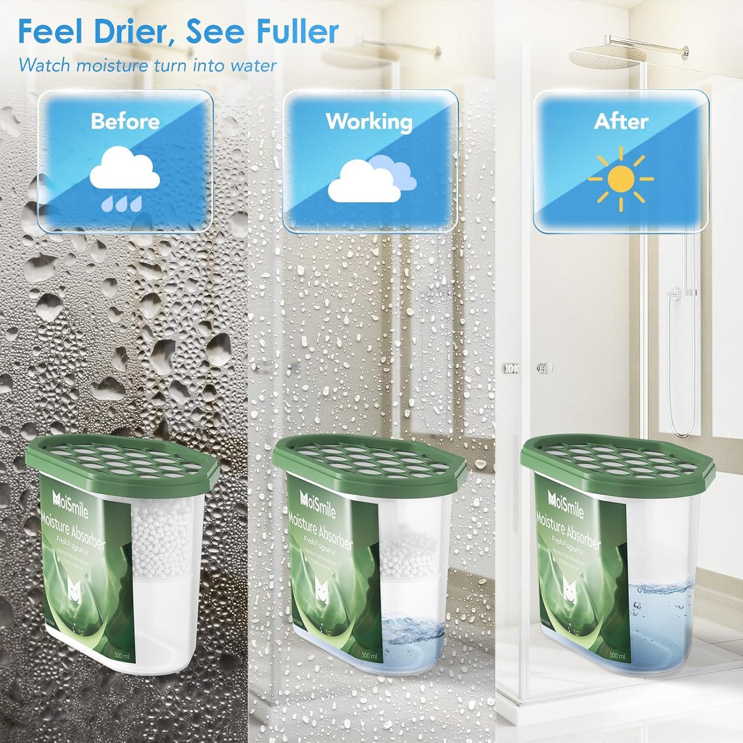 Moisture Absorbers, Efficient Humidity Absorber ＆ Odor Eliminator Boxes, Refillable Car Dehumidifier for Closet, Bathroom, Basement＆ RV, 3 Pack, Fragrance Free
