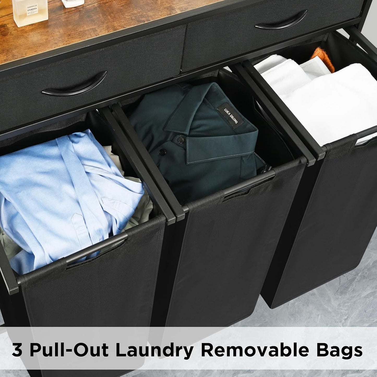 Laundry Hamper 3 Section, 150L Rolling Laundry Sorter Basket with 2 Shelves and 2 Drawers, 3 Compartment Clothes Organizer Cart with Wheels, Pull-Out Bags for Laundry Room, Bathroom, Bedroom