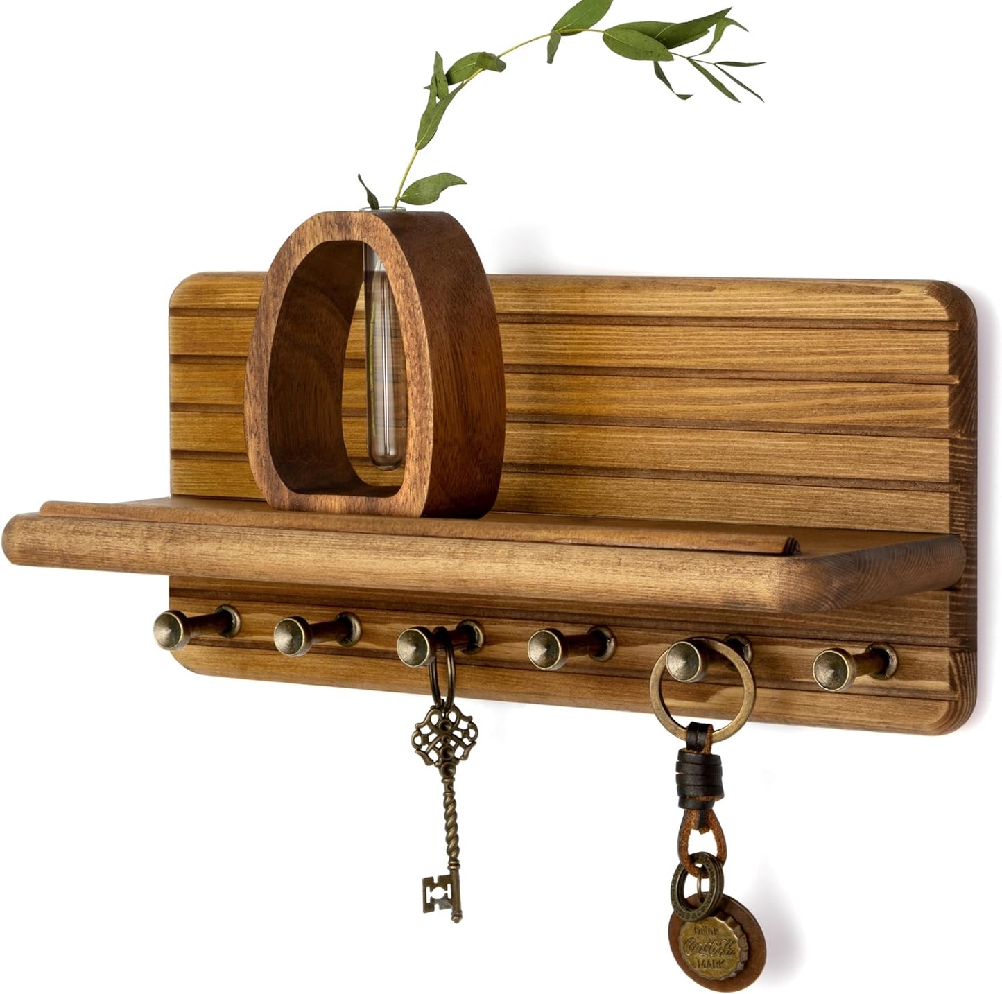 Rebee Vision Farmhouse Key Holder Wall Mount for Home Decor – Decorative Pine Wooden Key Holder for Wall with 6 Hooks & Floating Shelf - Rustic Charm for Room Decor Aesthetic (Brown)