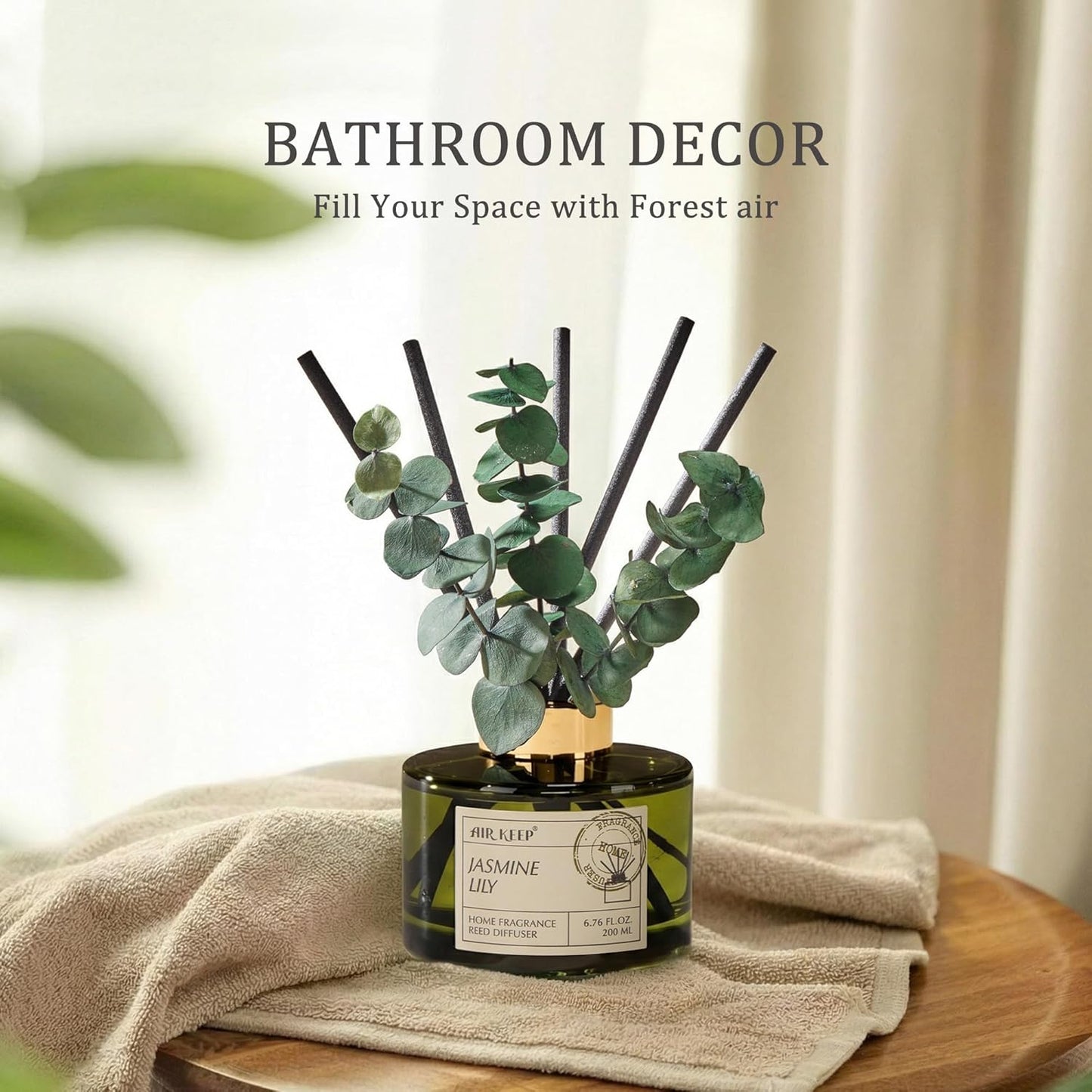 Airkeep Reed Diffuser Set with 6.76 fl oz Forest Mist Scent Essential Oils and 3 Leaves & 8 Diffuser Sticks,Bathroom Shelf Decor & Air Freshener, House Bedroom Office Decor & Gifts