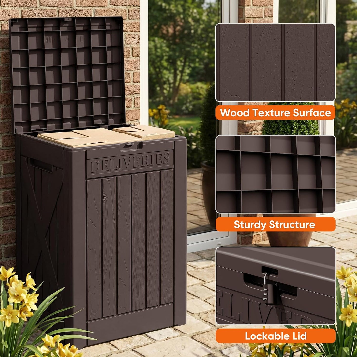 Flamaker Resin Deck Box 120 Gallon Waterproof Large Outdoor Indoor Storage Box Imitation Wood Resin for Patio Furniture Garden Tools and Pool (Black)