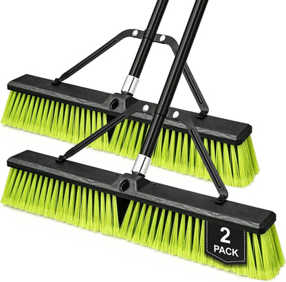 TidyBliss 3 Pack 18” Push Broom Outdoor Heavy Duty, Large Commercial Stiff Bristle Brush with 63 inches Long Handle for Garage Shop Garden Yard Patio Deck Street Warehouse Lawn Driveway (Green)