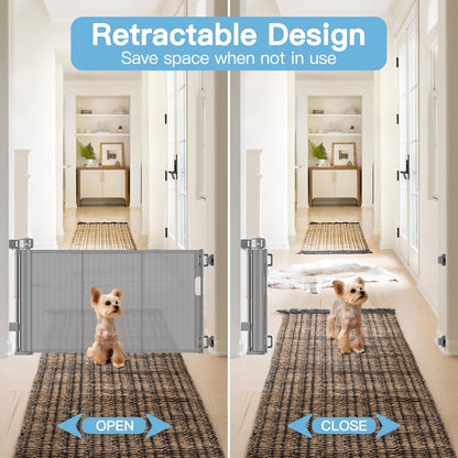 Short Dog Gate 0"-39" Wide Narrow Baby Gate 24” Tall Retractable Short Pet Gate to Step Over Short Baby Gate for Doorway, Low Pet Gate Indoor Doggie Gates Mesh Puppy Gate for Stairs, Black