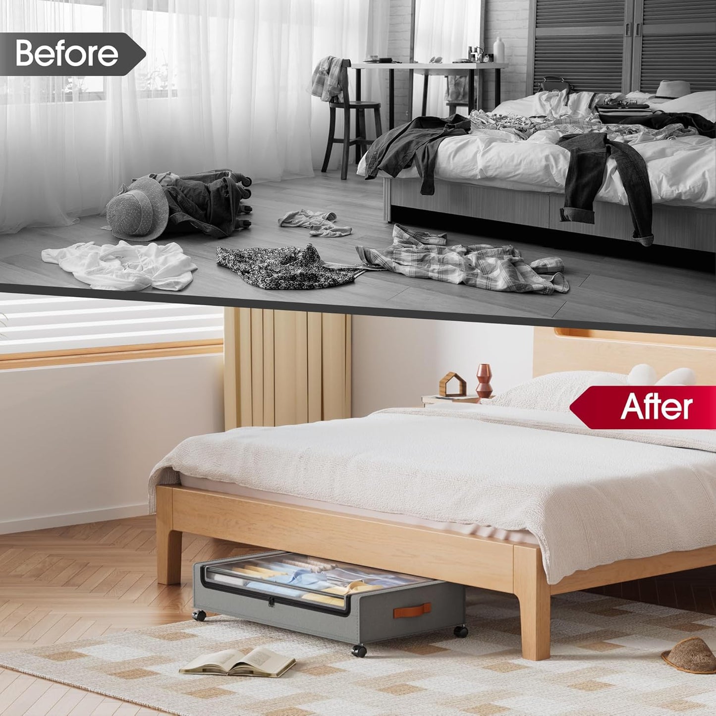 Yecaye Under Bed Storage with Wheels, 2 Pack Under Bed Storage Containers, 60L Underbed Shoe Storage with Clear Window & Label, Rolling Under Bed Metal Drawer for Clothes, Shoes, Books, Blankets
