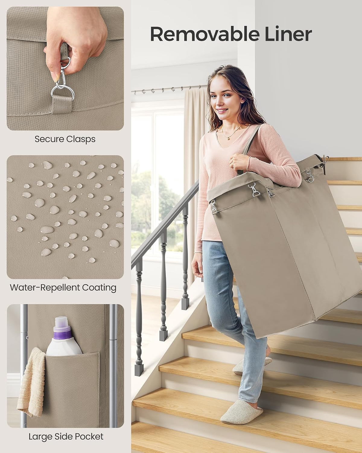 SONGMICS Laundry Basket with Wheels, 3-Section Rolling Laundry Hamper, 52.8 Gallons (200 L), Removable Liner, Steel Frame with Handle, 35.8 x 15.4 x 31.9 Inches, Cream White URLS005W01