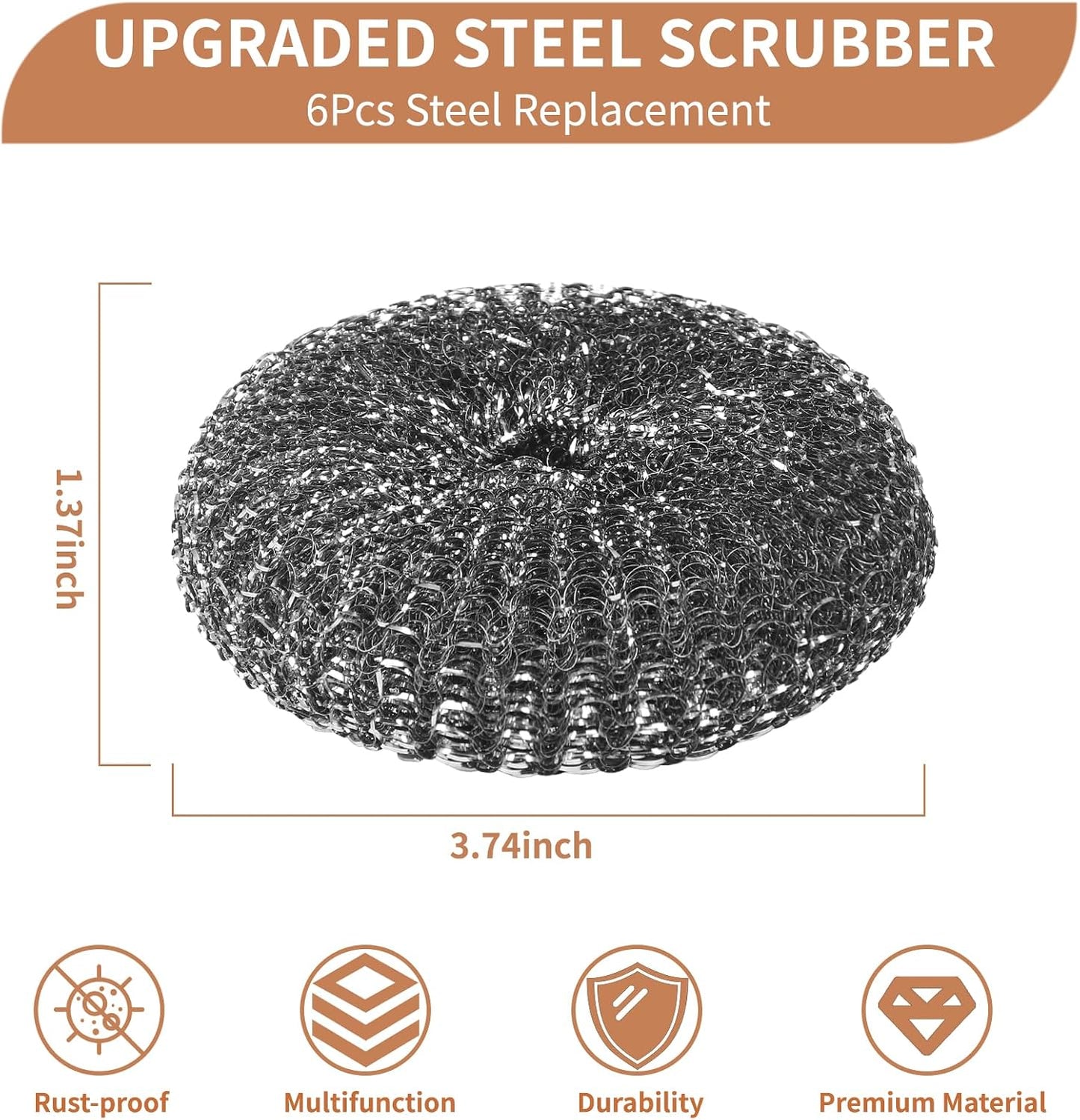 5Pcs Steel Wool Scrubber with Replacement Wire Sponge Pads Set, Stainless Steel Scrubber with Handle for Scouring Stubborn Messes from Cast Iron, Pots, Pans, Grill, Stoves, Sink(1 Scrubber+4 Pads)