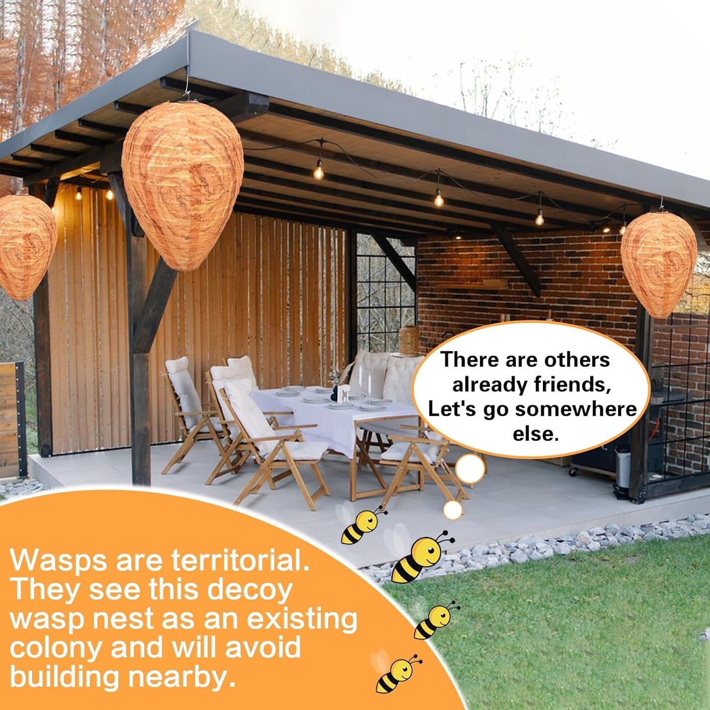 4 Pack Fake Wasp Nest Decoy, Waterproof Hanging Wasp Hornet Decoy for Outdoor, Brown Wasps and Hornets Nests, Reusable for Patio, Porch, Garden, Under Eaves, Garage, Backyard, House
