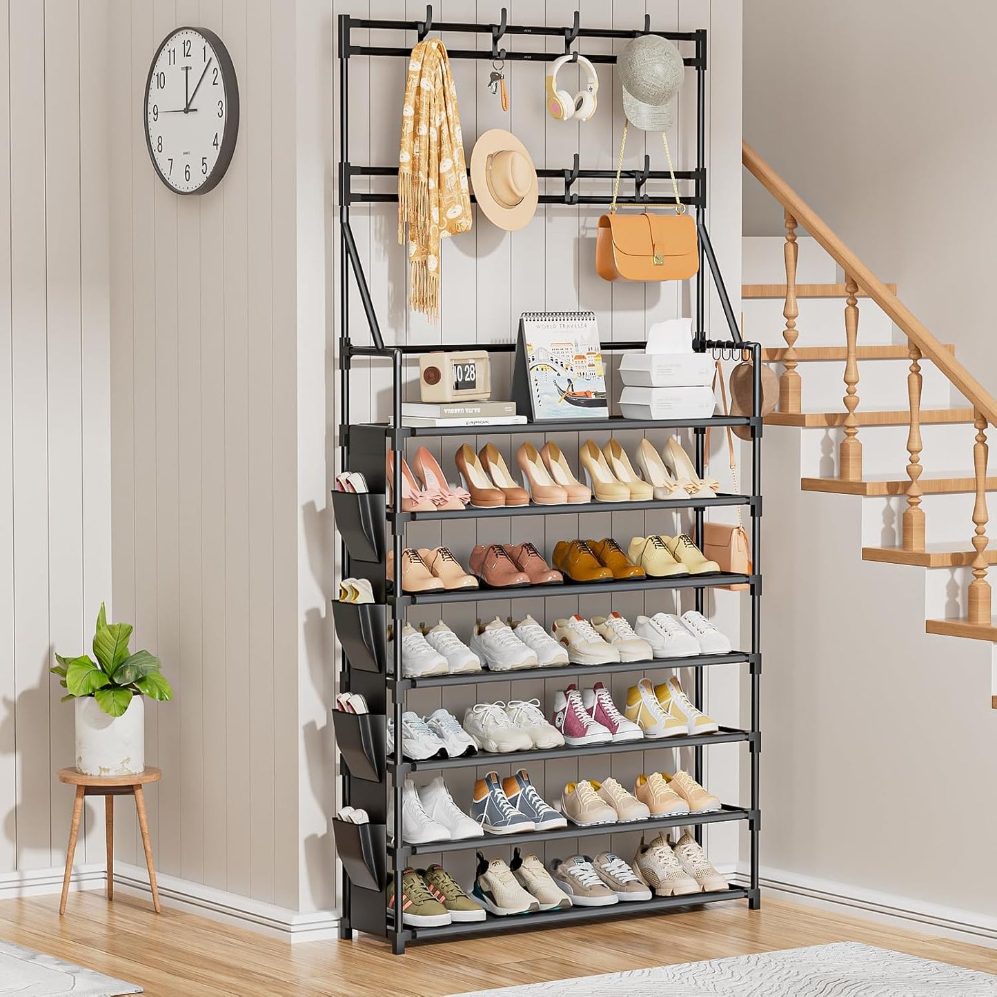 OYREL Shoe Rack, 5 Tier Shoes Storage Organizer, with Functional Hooks and Side Pocket, 20-25 Pairs, for Closet/Entrance/Entryway, Sneaker and Boot Stackable Free Standing Shoe Rack
