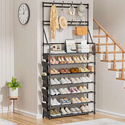 OYREL Shoe Rack, 5 Tier Shoes Storage Organizer, with Functional Hooks and Side Pocket, 20-25 Pairs, for Closet/Entrance/Entryway, Sneaker and Boot Stackable Free Standing Shoe Rack