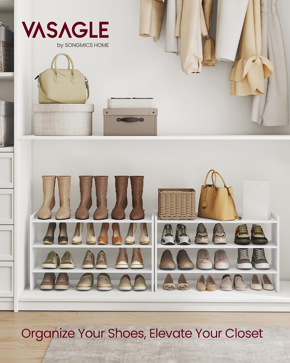VASAGLE CUSTOS Collection - Shoe Rack for Closet, Stackable Shoe Organizer Shelf for Entryway, 2 Tiers, 11.7 x 24.4 x 14.2 Inches, White ULBS062WZ01S