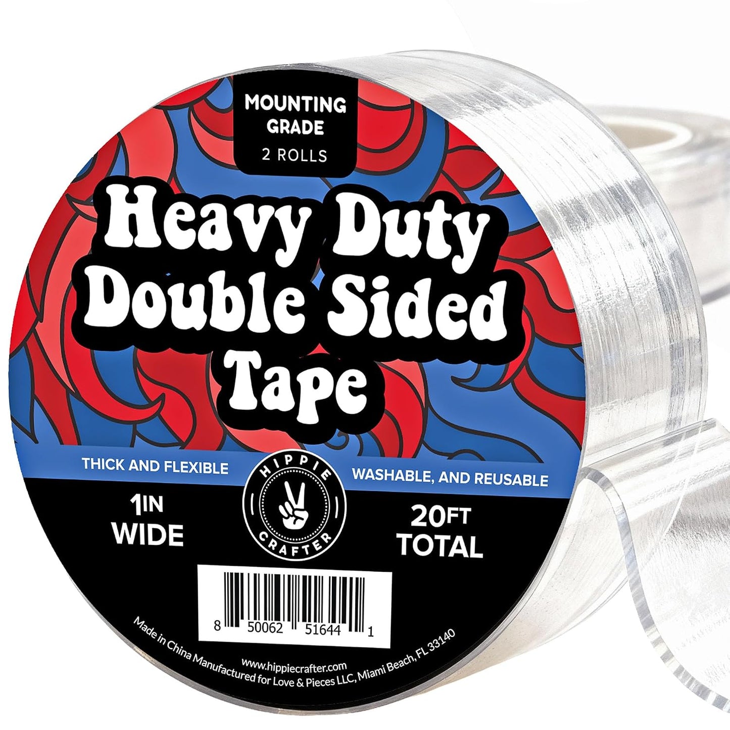 HIPPIE CRAFTER Double Sided Tape Heavy Duty for Walls - Nano Clear Mounting Tape, Removable & Reusable Two Sided Tape for Hanging, Strong Adhesive Wall Tape Transparent Roll 1" x 10FT