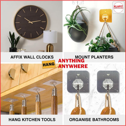 KLAPiT Super Hook - Heavy-Duty Adhesive Clear Wall Hooks Made of Stainless Steel, Holds up to 11 lbs, Waterproof, No Damage, Easy Install on Tile, Wood, Stone, Glass & Metal (Clear, 8pc)