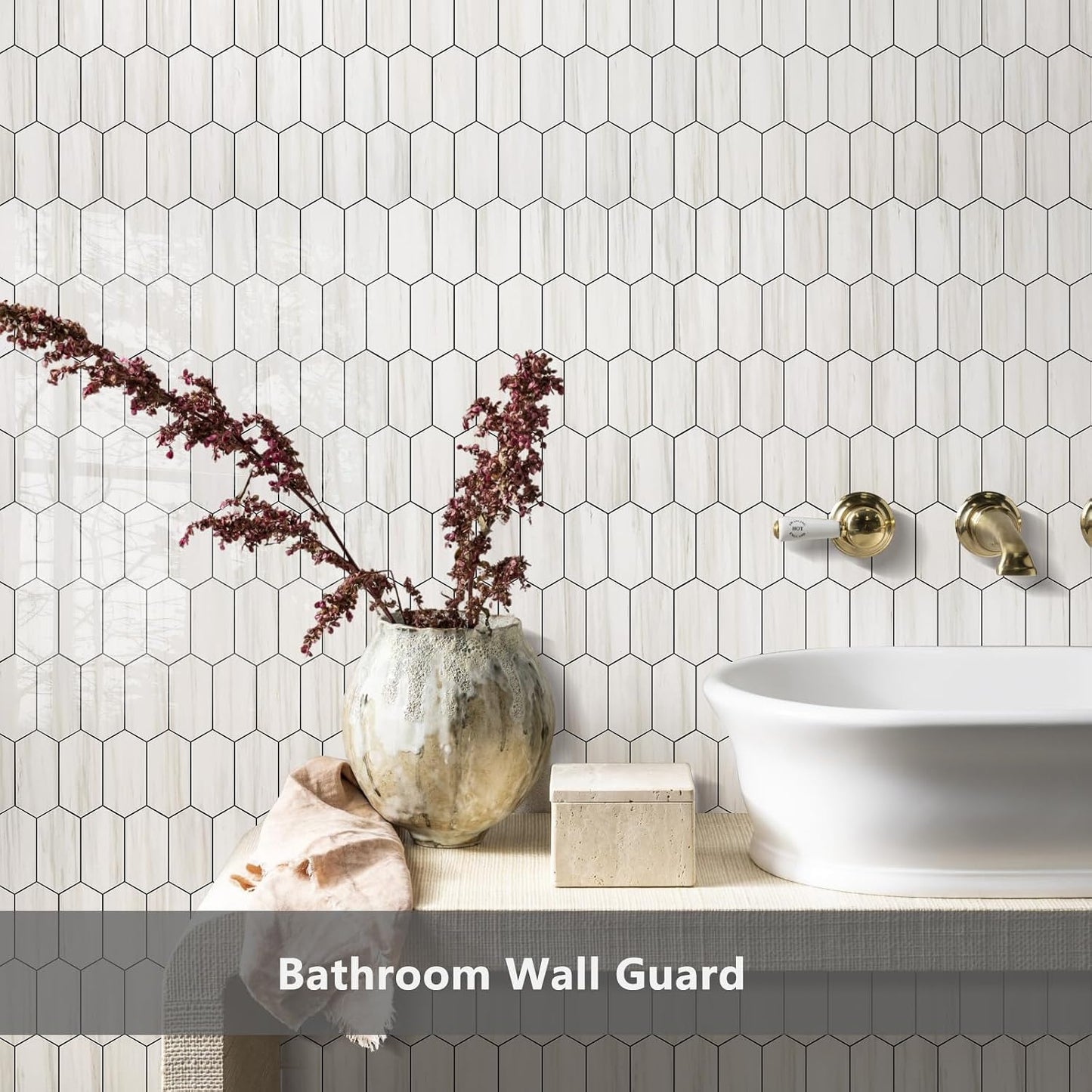 Vamos Tile Long Hexagon Peel and Stick Backsplash Tile - 10 Sheets Stick on Backsplash for Kitchen and Bathroom 12.4 x 12 Inch Glossy Wood Grain PVC Self Adhesive Mosaic Wall Tiles