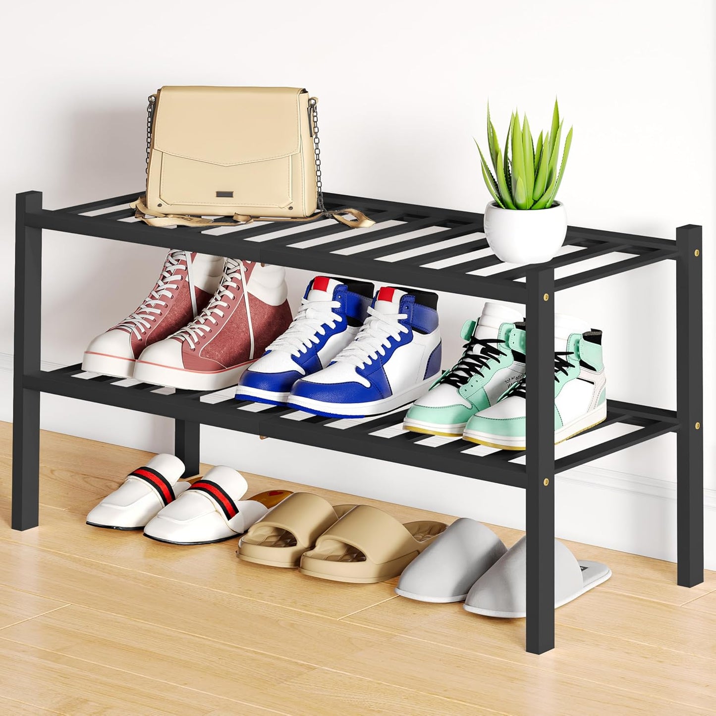 Smiry Bamboo Shoe Rack, 3 Tier Free Standing Wooden Shoe Organizer, Stackable Wood Shoe Storage Shelf for Closet, Entryway, 12 Vertical Slats, 2+1 Stack Standard Legs, 26.8"x11"x19.5", Natural
