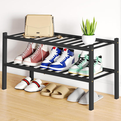 Smiry Bamboo Shoe Rack, 3 Tier Free Standing Wooden Shoe Organizer, Stackable Wood Shoe Storage Shelf for Closet, Entryway, 12 Vertical Slats, 2+1 Stack Standard Legs, 26.8"x11"x19.5", Natural