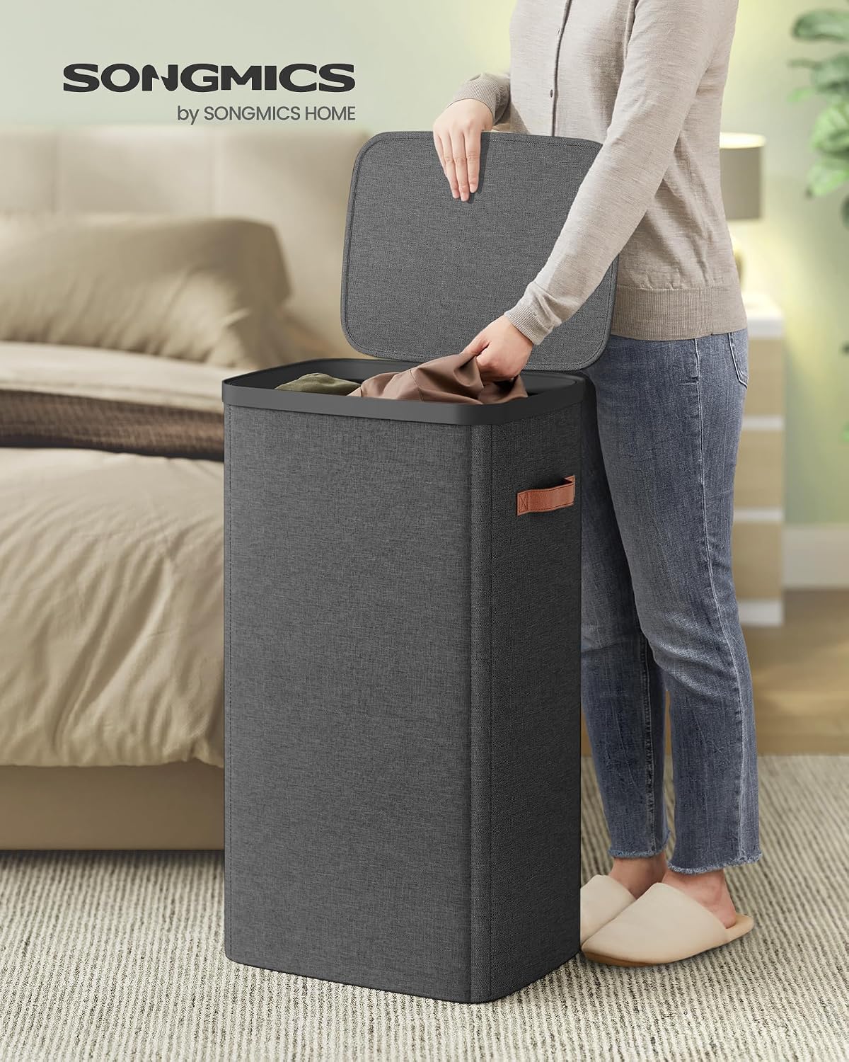 SONGMICS Laundry Basket, 50.2 Gal. Laundry Hamper, 3 Compartments, Easy Assembly, with Lid and Handles, Removable Liners, 25.2 x 15.7 x 29.5 Inches, Cappuccino Beige ULCB814LH01