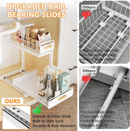 2 Pack Under Sink Organizer with Ball Bearing Sliding Drawer, Heavy Duty Pull Out Cabinet Organizer, 2 Tier Adjustable Storage Rack for Kitchen Bathroom, Space Saving Design, White