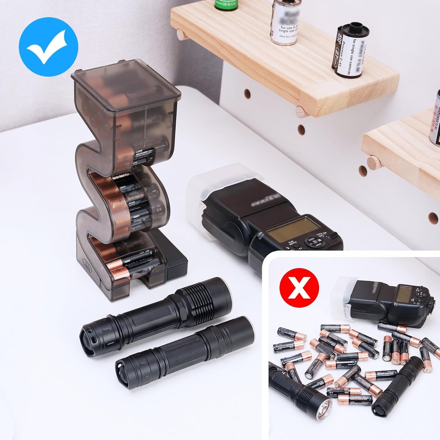 KIWIFOTOS 27 AA + 35 AAA Combo Battery Case Set with Tester | 62 PCS AA AAA Battery storage, Pegboard compatible, Wall Mount Battery Organizer Dispenser, magnetic tester, no‑assembly