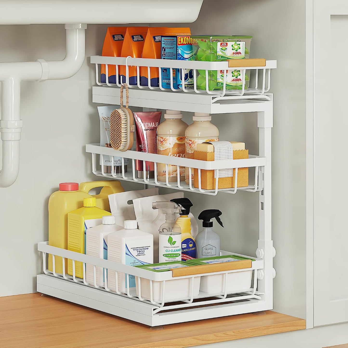 Under Sink Organizer and Storage for Bathroom and Kitchen - 2 Pack 3 Tier Under Cabinet Pull Out Shelf Organizers - Slide Out Drawer Organization for Home Cabinets Shelves and Drawers