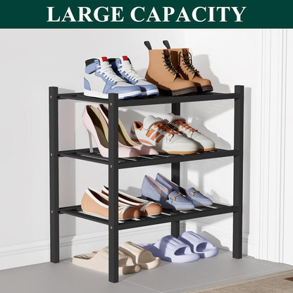 Smiry Bamboo Shoe Rack for Closet, 3 Tier Wooden Shoe Organizer, Stackable Wood Shoe Storage Shelf for Entryway, 14 Vertical Slats, One-piece Heavy-Duty Legs, 26.77"x11.02"x18.31", Natural