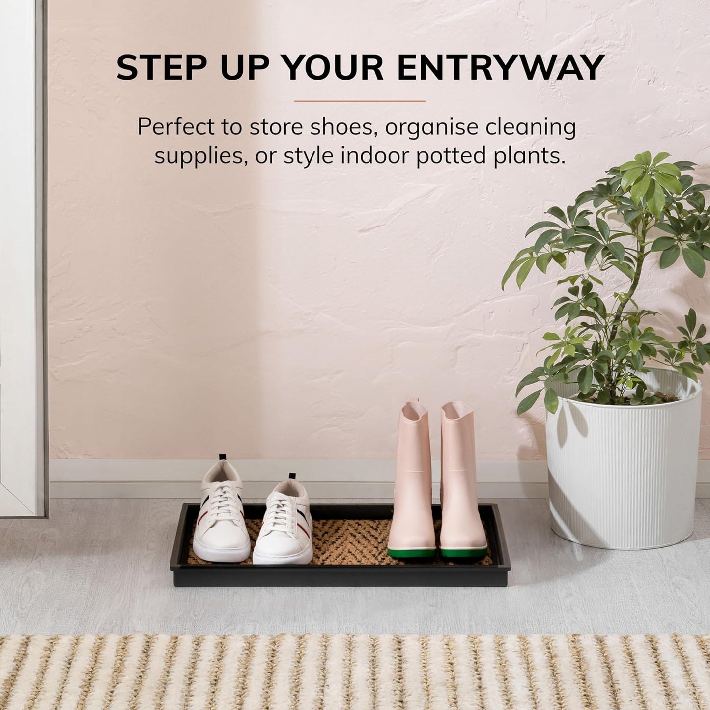 Anji Mountain Heavy Duty Waterproof Rubber Shoe Storage Mat Organizer/Boot Storage Tray Multi Use For Entryway with Coir, Tan and Khaki Insert , Fits 4 Pair (46.5" Wide)