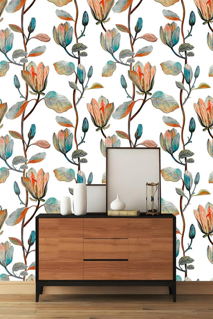 Magnolia Floral Leaf Peel and Stick Wallpaper Vintage Contact Wall Paper Modern Botanical Self Adhesive Vinyl Removable Renter Friendly Leaves Wallpaper 17.7in x 6.6ft