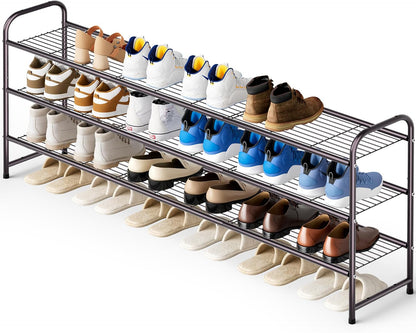 KEETDY 3-Tier Long Shoe Rack for Closet Metal Shoe Organizer for Entryway, Wide Stackable Shoe Storage Shelf with Sturdy Wire Grid for Closet Floor, Bedroom, Black