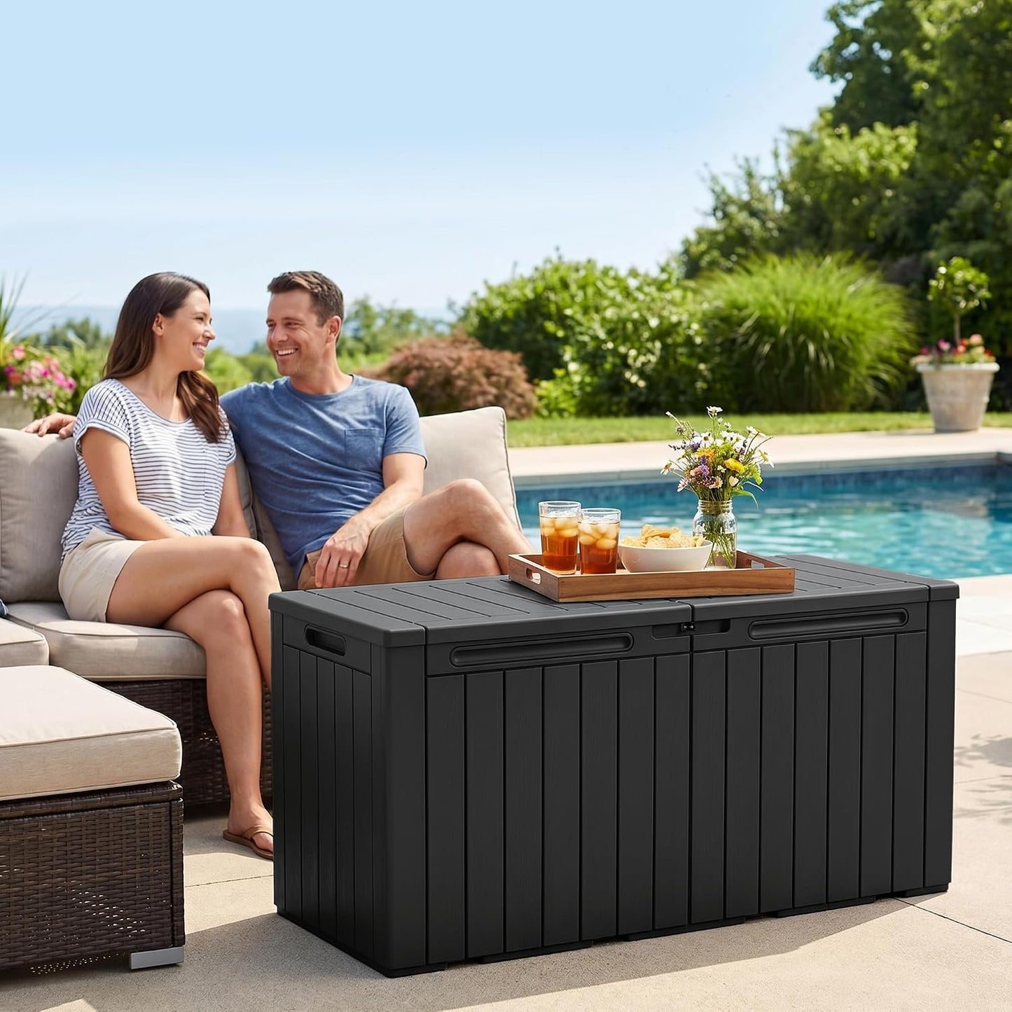 32 Gallon Deck Box Outdoor Indoor Waterproof Storage Box for Patio Furniture, Pool Accessories, Garden Tools, and Cushion Storage, Black