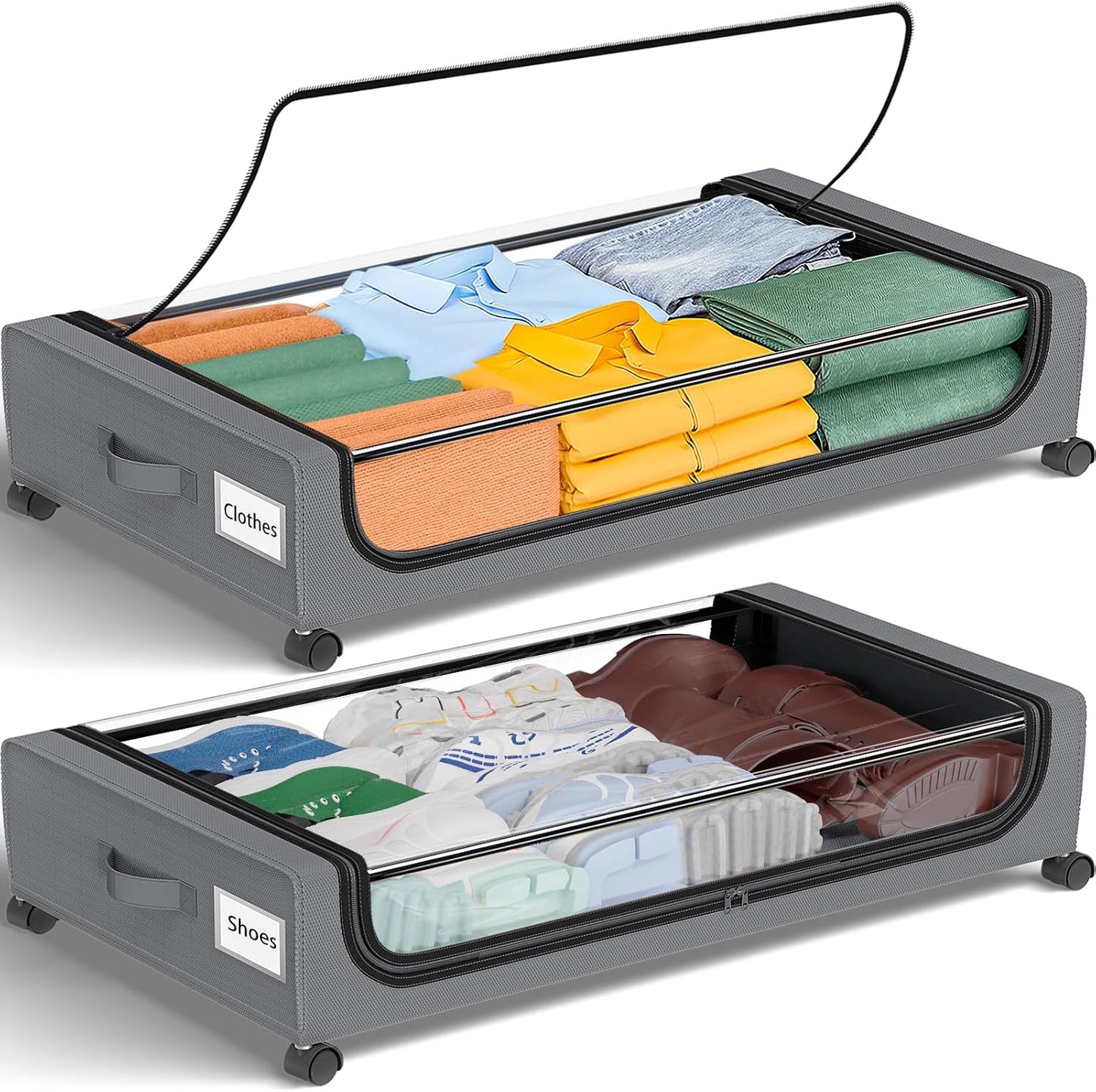 GoMaihe Under Bed Storage with Wheels: 48L Underbed Storage Containers with Lids - Rolling Bins for Shoes Clothes in Dorm Bedroom - Metal Drawers Easy Pull-out Grey 2-Pack