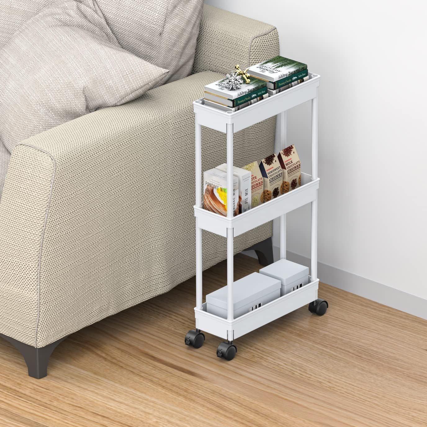 Sooyee 3 Tier Rolling Cart with Wheels, Slim Storage Cart, Under Desk Narrow Rolling Utility Cart Storage Organizer for Office Bathroom Kitchen Laundry Room Narrow Places, White, Plastic and Metal
