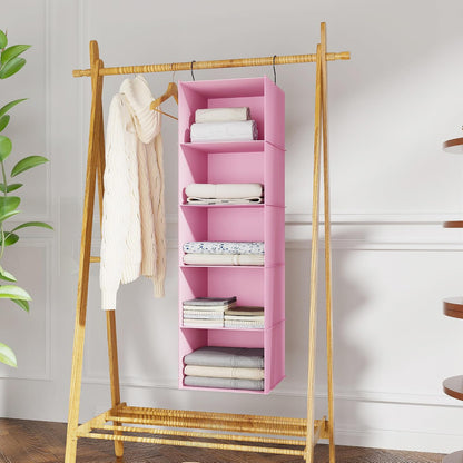 Hanging Closet Organizer 3-Shelf, Oxford Fabric Wardrobe Storage, Gray | Easy-mount foldable design holds clothes, handbags, shoes & accessories; washable Oxford fabric, sturdy and space-saving.