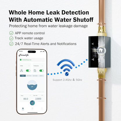 Frizzlife LP365-P Smart Water Monitor and Automatic Shutoff - 0.01 GPM Ultrasonic Micro Leak Detection, Wi-Fi / APP Control, Pressure+Flow Monitoring, 24/7 Water Usage Reports, Fits 3/4" and 1"