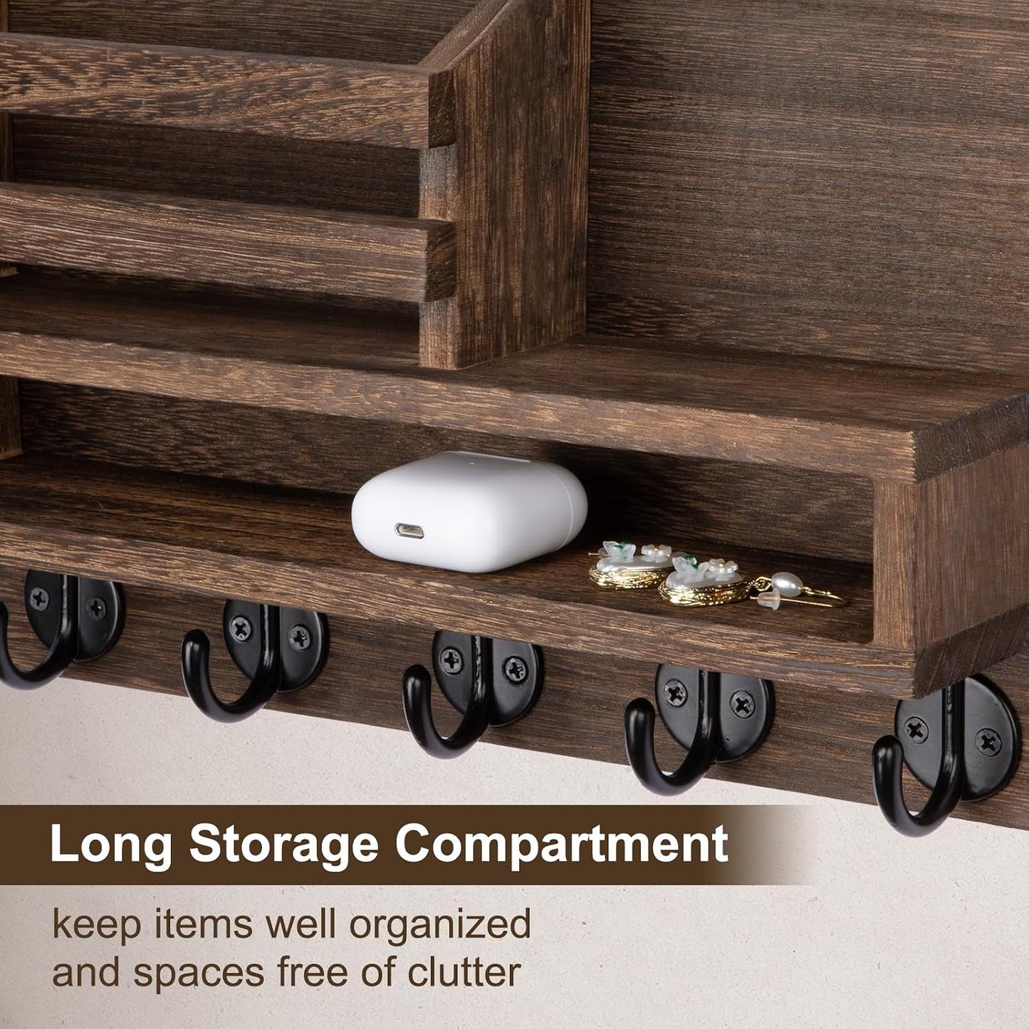 Key and Mail Holder Wall Mount, Key Hanger with Long Storage Box and 5 Hooks for Coat, Dog Leash, Home Decor Rack, House Accessories, Entry Way Organizer 11.8”W x 7.8”H x 3.2”D