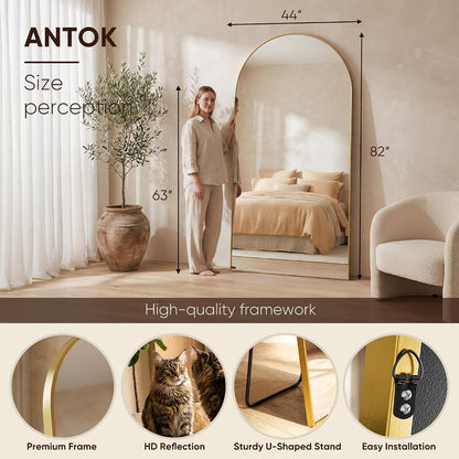 Antok 58" x19” Arched Full Length Floor Mirror, Gold Aluminum Frame, Free Standing/Wall Mount/Leaning for Bedroom, Living Room, Dressing Room