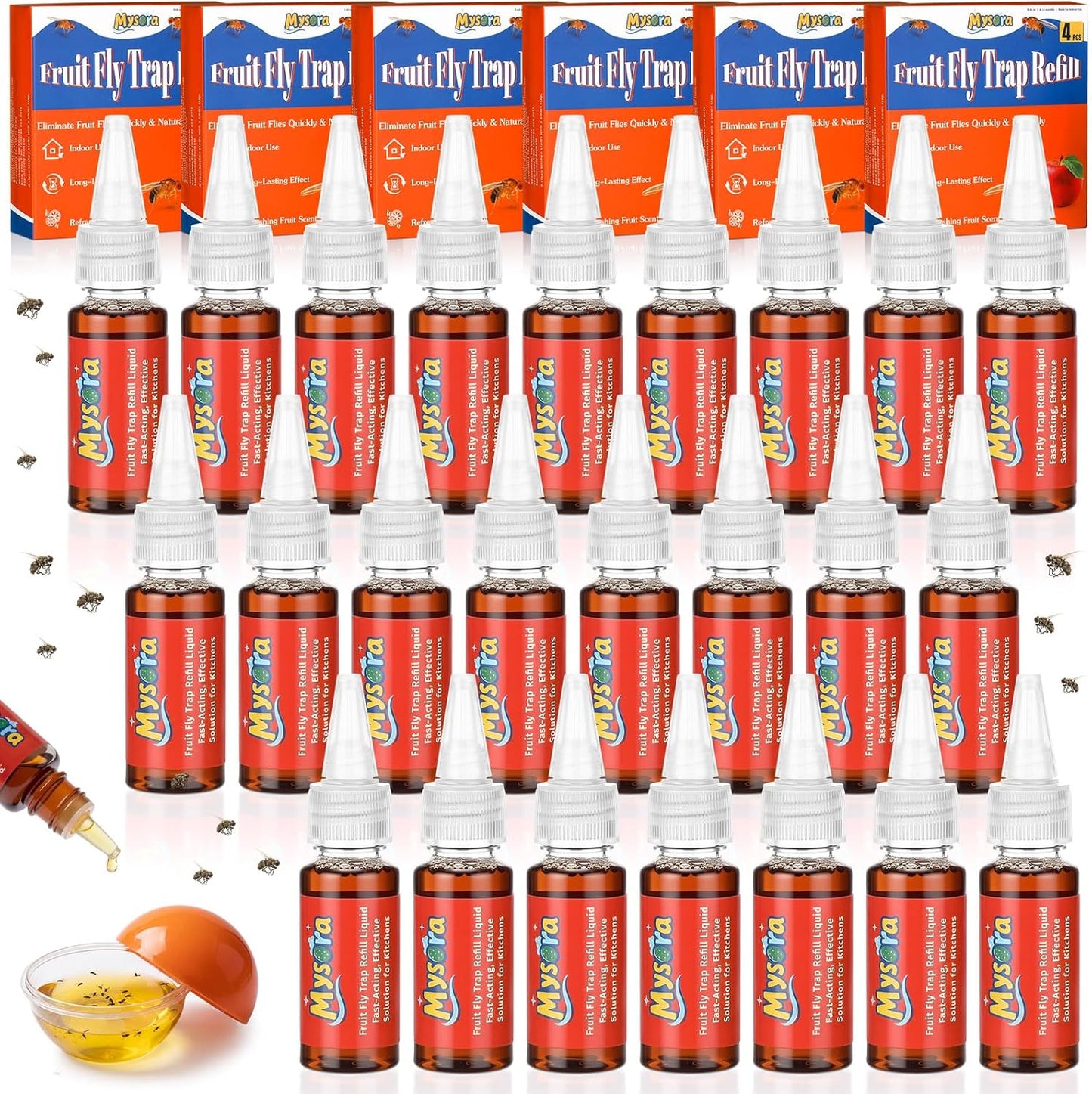 4 Pack Fruit Fly Trap Refill Liquid, 0.68 Ounces Per Bottle, Effective Fruit Fly Bait Refill, Suitable for Indoor Use, Kitchen Countertops, and Home Environments, Non-Toxic