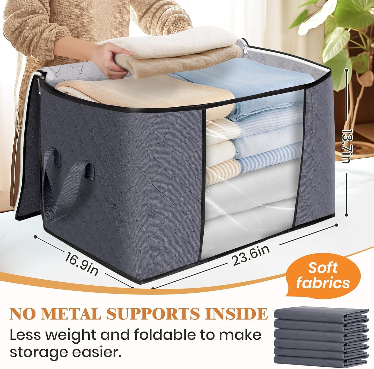 Fab totes 6 Pack Storage Bags for Clothes and Blanket, Foldable Closet Organizers and Storage with Zippers, Clear Window and Handles, Fabric Storage Bins for Sweater, Comforter, Bedding,Linen Sheets