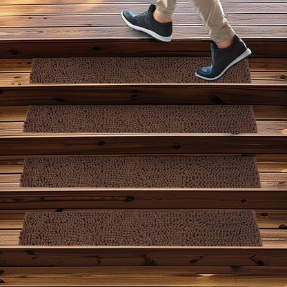 Muddy Mat® Pack of 4 - Soft Chenille Stair Treads Non-Slip Reusable, Super Absorbent Stair Treads for Wooden Steps, Tile & Marble Floor, Easy to Install & Machine Washable - Brown 30'' x 7''