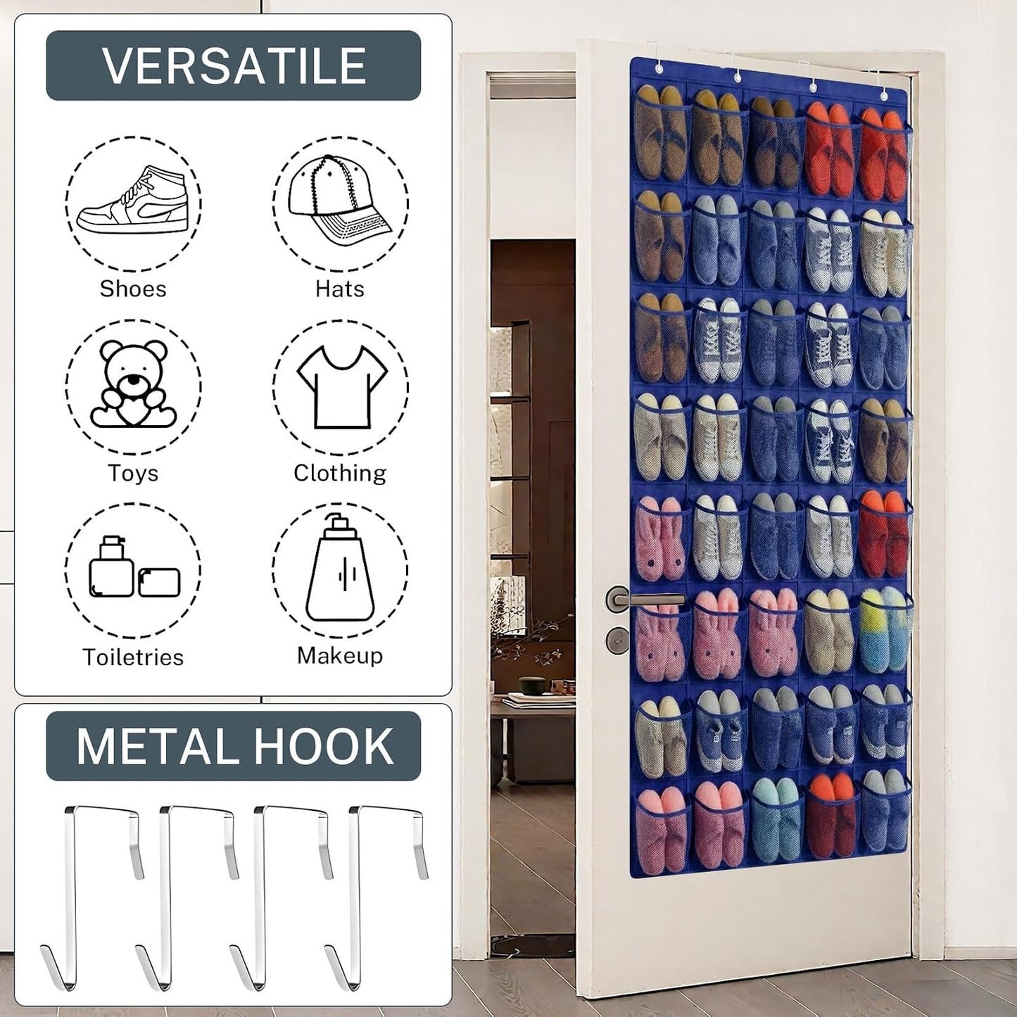 40 Large Mesh Pocket Over the Door Shoe Organizer,Hanging Shoe Rack for Door,Hualleko Shoes Organizer Hanger with Large Capacity, Shoes Storage Holder Sturdy Non-woven Fabric - Stores 20 Pairs (White)
