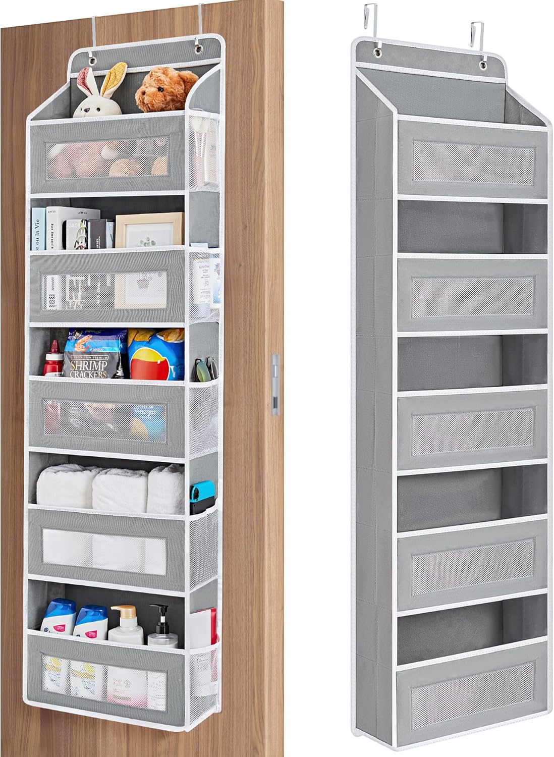 JARLINK 2 Pack Over the Door Organizer Storage, 5 Shelf Hanging Door Organizer with 5 Large Capacity Pockets, Anti Tilt 44 lb Load Behind Door Storage for Bedroom, Bathroom, Pantry, Nursery, (Grey)