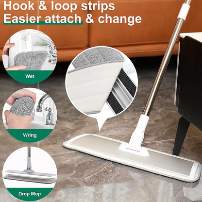 18" Professional Microfiber Mop Floor Cleaning System, Flat Mop with Stainless Steel Handle, 4 Reusable Washable Mop Pads, Wet and Dust Mopping for Hardwood, Vinyl, Laminate, Tile Cleaning