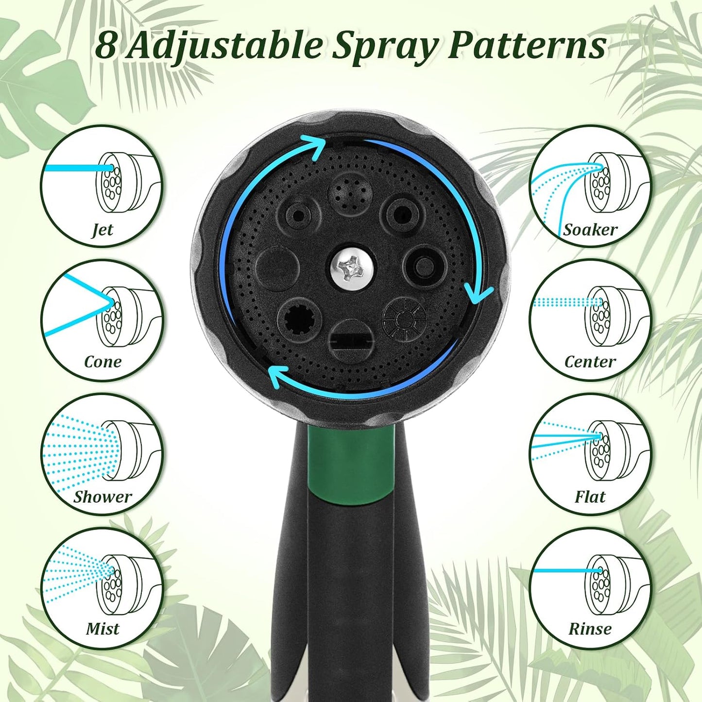 Garden Hose Nozzle, Heavy Duty Metal Water Nozzle with 8 Adjustable Spray Patterns, High Pressure Ergonomic Flow Control for Watering Plants, Lawns, Washing Cars, Pets, Black with Green