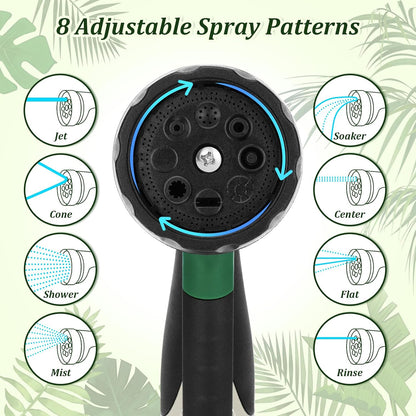 Garden Hose Nozzle, Heavy Duty Metal Water Nozzle with 8 Adjustable Spray Patterns, High Pressure Ergonomic Flow Control for Watering Plants, Lawns, Washing Cars, Pets, Black with Green